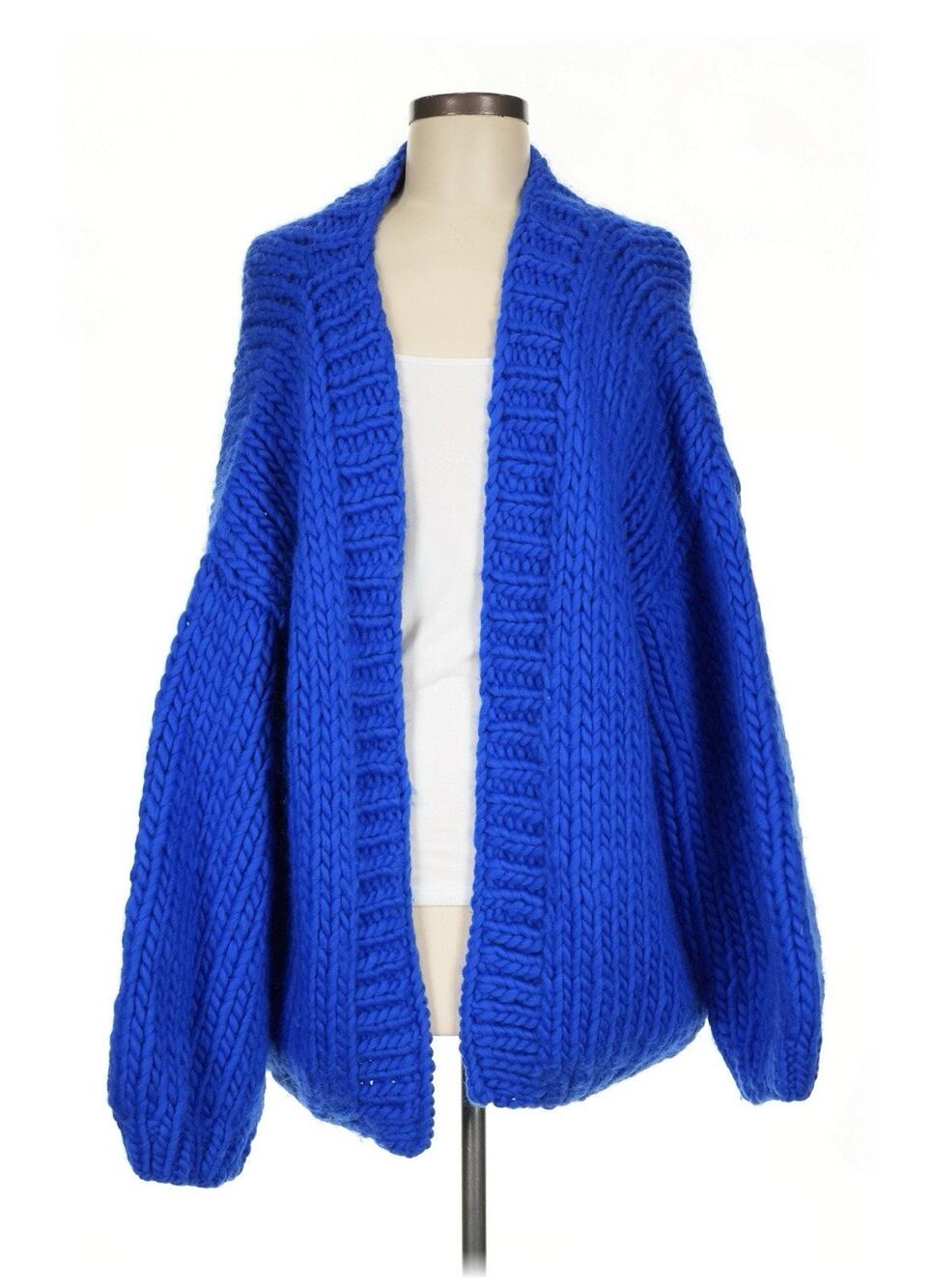 I Love Mr Mittens Oversized Wool Knit Cardigan Blue Chunky Sweater Free Size